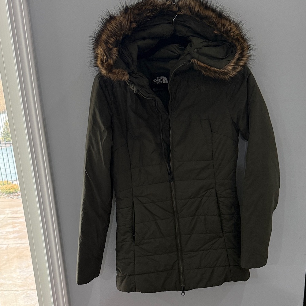 The North Face Women's Olive Puffer Jacket with Faux Fur Trim